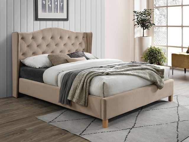 Aspen 160 Bed with wooden frame (Bluvel 28 Velvet Beige)