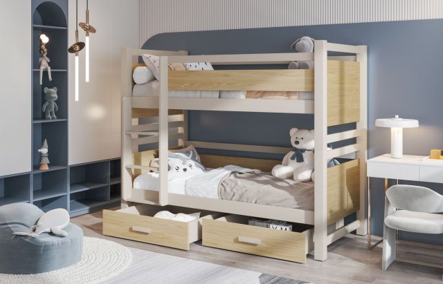 Jony 80x180 Bunk Bed with 2 Mattresses and 2 Drawers Cashmere/Oiled oak
