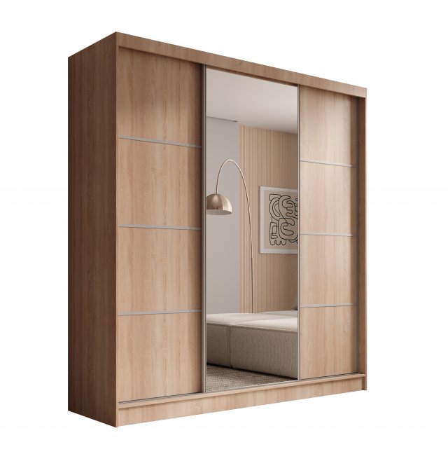 SW-KER-200 cm-SS Schwebetürenschrank mit Spiegel,Sonoma/Silber
