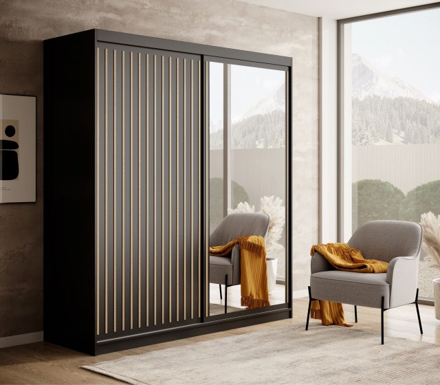 SW-DEL-B 180 cm Schwebetürenschrank mit Spiegel,Schwarz matt,Eiche Artisan