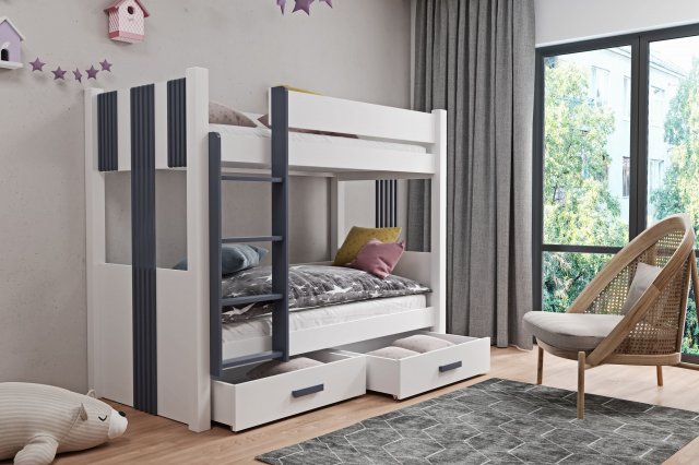 ARTEN II 90x200 Двухъярусная кровать с матрасами Белый/графит акрил