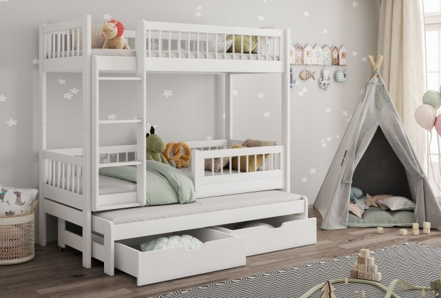 Evan 80x180 Трехместная двухъярусная кровать с матрасами,Белый акрил