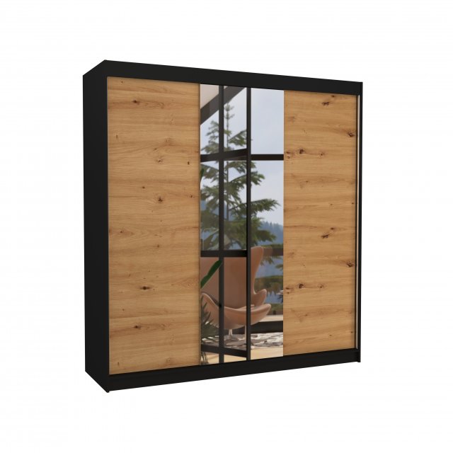 SW-SAN- BA 200 cm Schwebetürenschrank mit Spiegel,Schwarz matt,Eiche Artisan