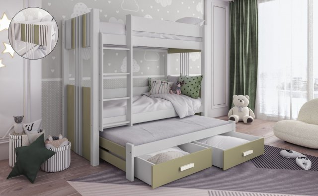 ARTEN III 90x200 Bunk Bed with 3 Mattresses and 2 Drawers White/Eucalyptus