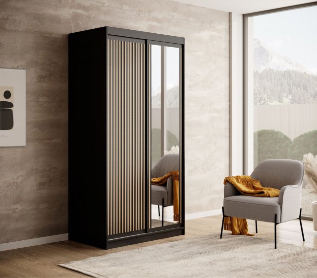DEL-100-B 100 cm Sliding wardrobe with mirror,Black matt,Artisan