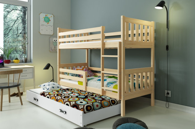 Carino 3 Divstāvu trīsvietīga gulta ar matračiem 190x80 priede