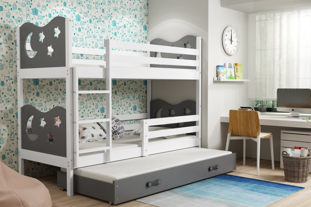 MIKKY III 190x80 Divstāvu gulta ar trīs matračiem Balts