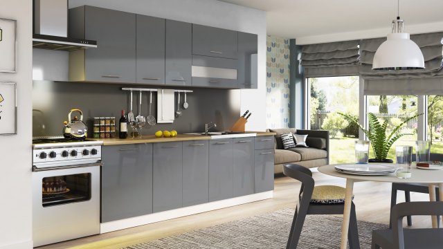 TIFANY 260 cm Virtuves iekārta Balts mat/pelēks glancēts