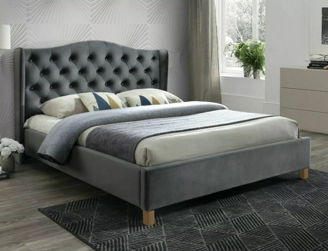 Aspen 160 Bed with wooden frame (Bluvel 14 Velvet Grey)