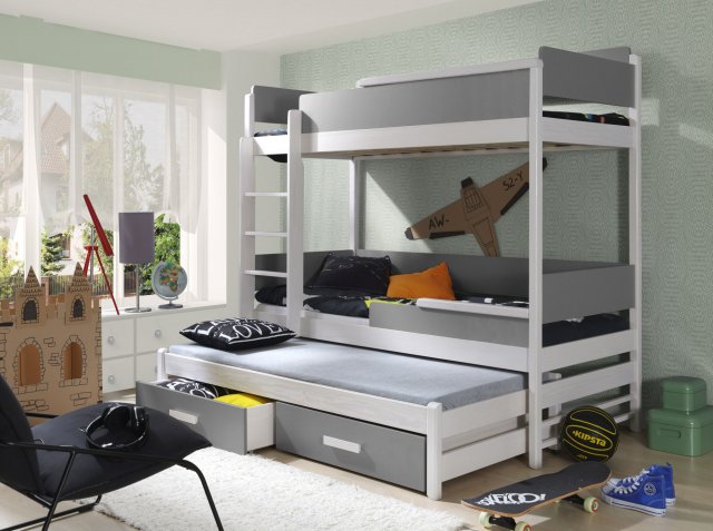 QUATRO Triple bunk bed with mattress Acryl white/grey