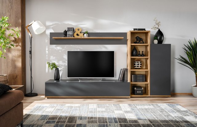 SILK III +LED Wohnwand Anthrazit/Eiche Artisan