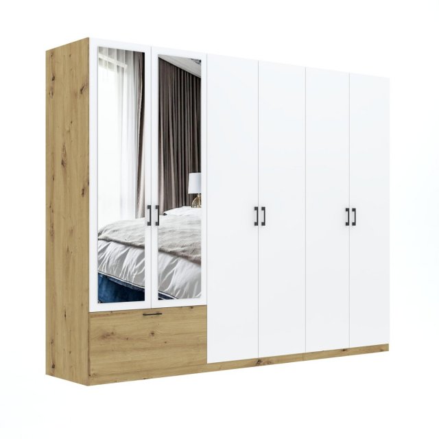 INTEAL SZF 6D1S LUS Skapis ar spoguli,6 durvīm un 1 atvilktni,balts matēts/ozols artisan