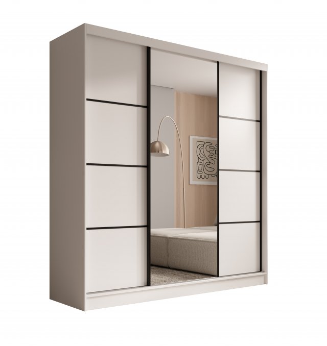SW-KER-200 cm-WB Schwebetürenschrank mit Spiegel,Weiß/Schwarz