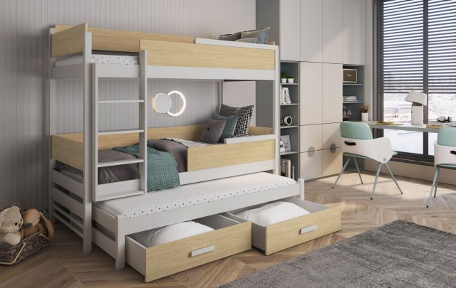 QUATRO 80x180 Etagenbett mit 3 Matratzen und 2 Schubladen,Weiß/Geölte eiche