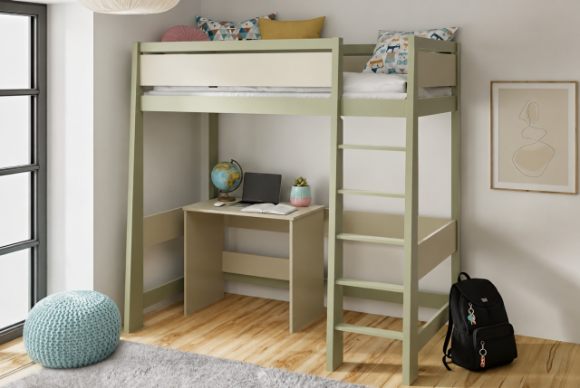 Tedesc 180x80 Einzelbett-Hochbett mit Schreibtisch und Matratze,Olive/Kaschmir