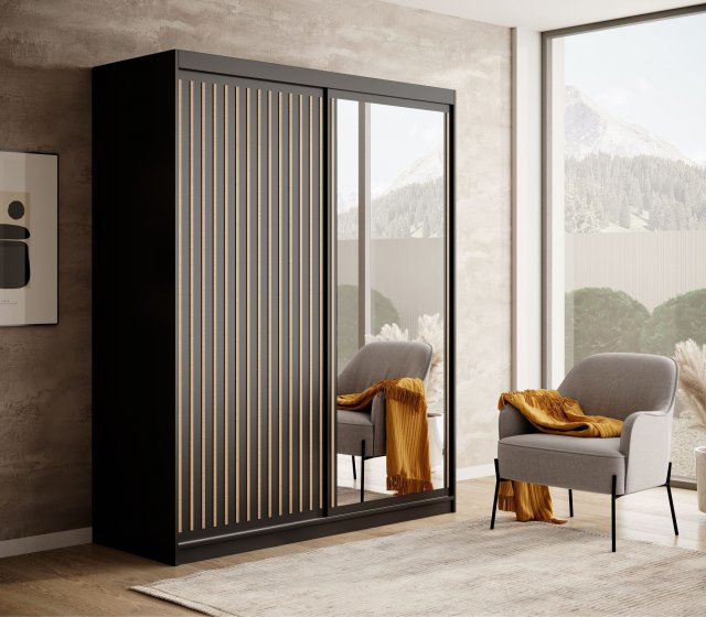 SW-DEL B 160 cm Schwebetürenschrank mit Spiegel,Schwarz matt,Eiche Artisan