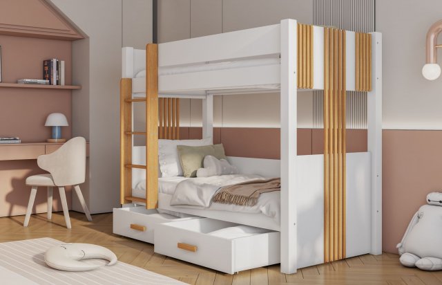 ARTEN II 90x200 Etagenbett für 2 Kinder mit Schubladen,Weiß/Buk-Buche
