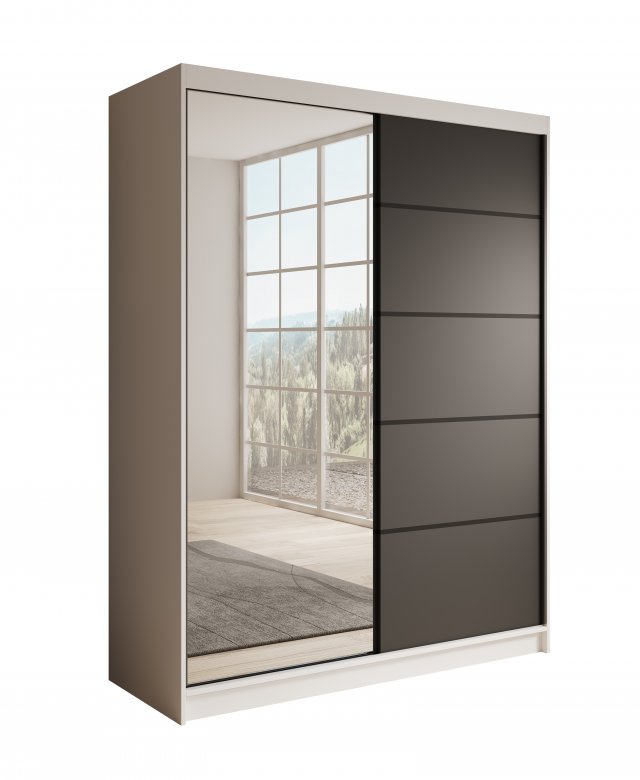 SW-CAR-150 cm -WB Schwebetürenschrank mit Spiegel,Weiß matt/Schwarz matt