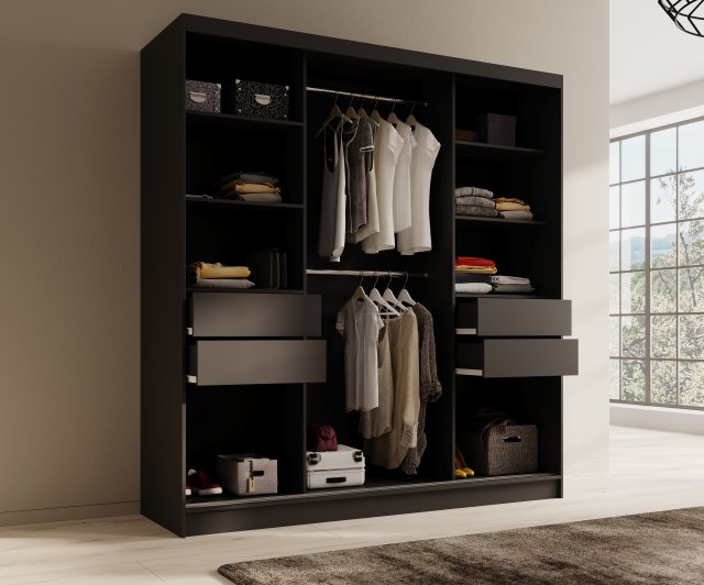 SW-TOL-200 cm B Schwebetürenschrank mit Spiegel,Schwarz matt