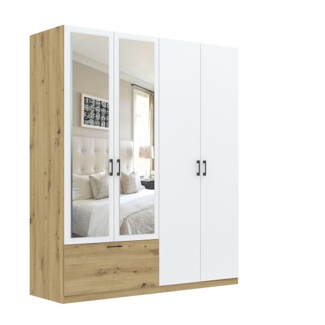 INTEAL SZF 4D1S LUS Skapis ar spoguli,4 durvīm un 1 atvilktni,balts matēts/ozols artisan