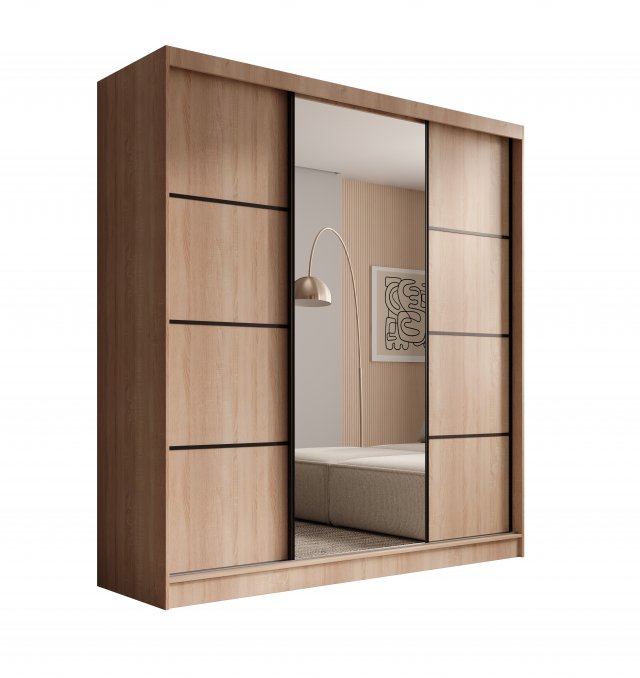 SW-KER-200 cm-SB Schwebetürenschrank mit Spiegel,Sonoma/Schwarz