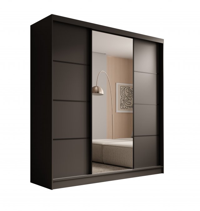 SW-KER-200 cm-BB Schwebetürenschrank mit Spiegel,Schwarz/Schwarz