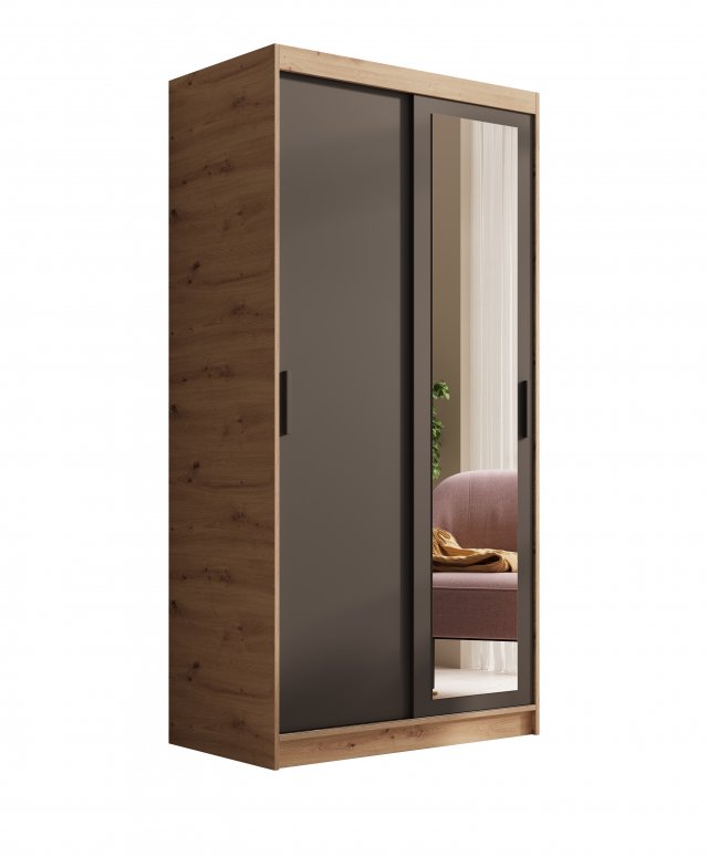 SW-HAI 100 cm AB Skapis ar bīdāmām durvīm un spoguli,Artisan/Melns matēts