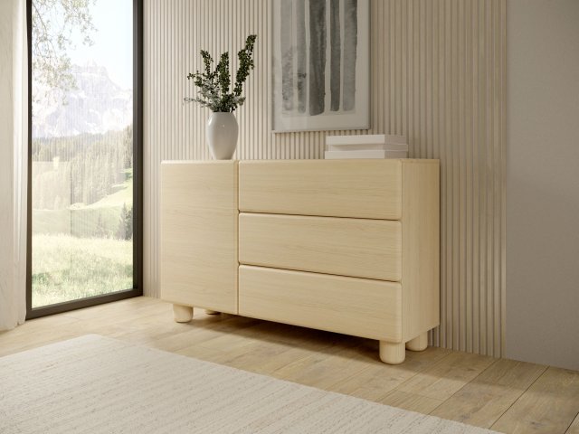 Style-Japandi E Kommode mit 1 Tür,3 Schubladen und abgerundeten Fronten