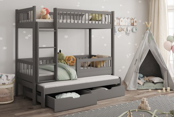 Evan 80x180 Etagenbett Ausziehbett für 3 Kinder mit Schubladen,Graphit Acryl