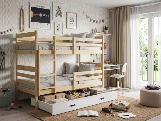 Etagenbett Hochbett 200x90 mit 2 Matratzen und Schublade,Kiefer