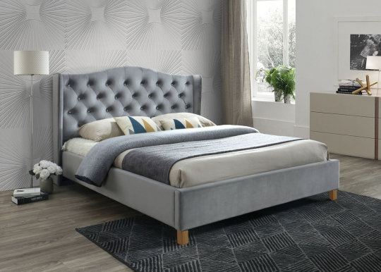 Aspen 160 Bed with wooden frame (Bluvel 14 Velvet Grey)
