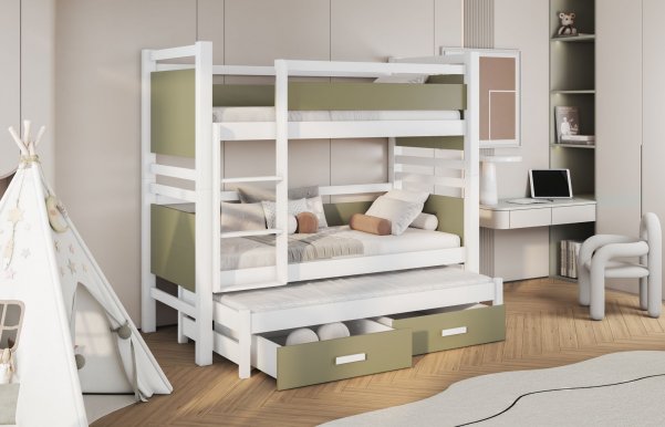 Jony III 80x180 Divstāvu gulta ar 3 matračiem un 2 atvilktnēm Balts/Eucalyptus