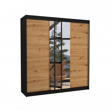 SW-SAN- BA 200 cm Skapis ar bīdāmām durvīm un spoguli,Melns,Ozols Artisan