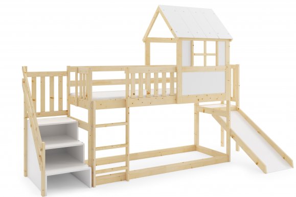 Loft-A Niska ze sch i zjezd Bērnu un jauniešu gulta ar slidkalniņu,kāpnēm,1 matraci 200x90,Priede