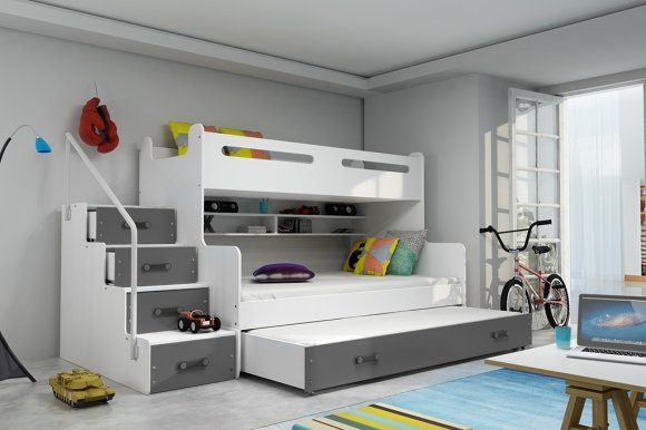 Etagenbett für drei Personen Max 3,120x200,mit Matratze und Schublade,grau