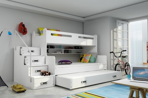 Etagenbett für drei Personen Max 3,120x200,mit Matratze und Schublade,weiß