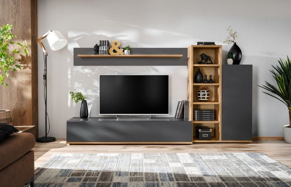 SILK III +LED Wohnwand Anthrazit/Eiche Artisan 