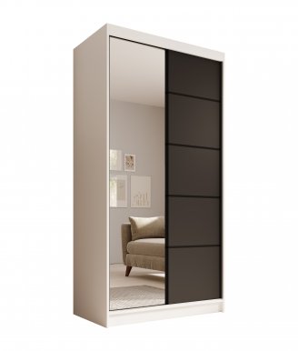 SW-LAU 100 cm Schwebetürenschrank mit Spiegel,Weiß matt/Schwarz matt