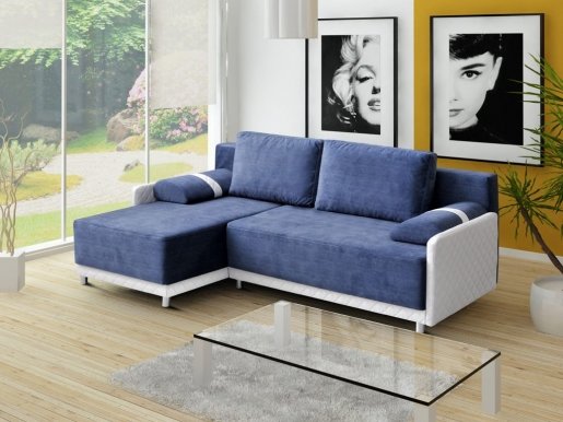 Koniglich Universāls L/P Stūra dīvāns (Zils audums Cairo 31+Balta eko āda Soft Karo 17)