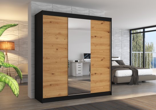 SW-SAN- BA 200 cm Schwebetürenschrank mit Spiegel,Schwarz matt,Eiche Artisan