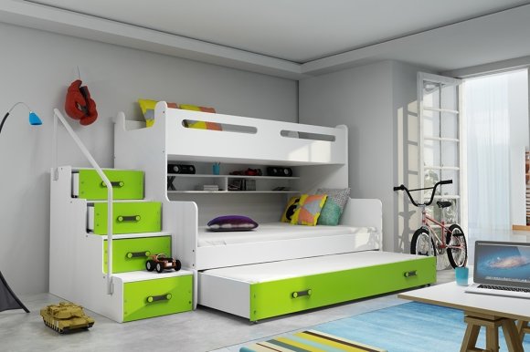 Etagenbett für drei Personen Max 3,120x200,mit Matratze und Schublade,grün