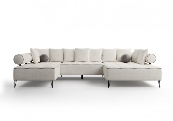 VIVIENE U veida Stūra dīvāns (CREME – Lambi 08 + brown eco-leather piping)