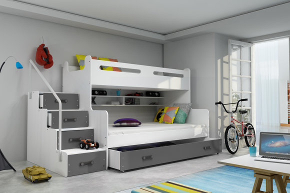 Stockbett für Jugendliche Max 3,120x200,mit Matratze und Schublade,grau