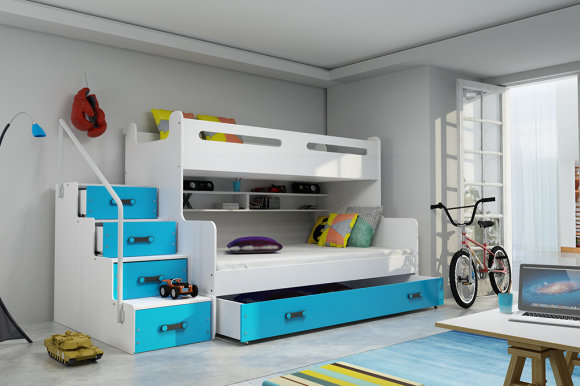 Stockbett für Jugendliche Max 3,120x200,mit Matratze und Schublade,blau