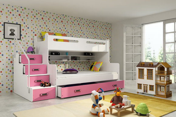 Stockbett für Jugendliche Max 3,120x200,mit Matratze und Schublade,rosa