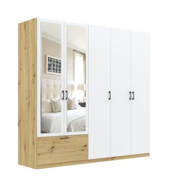 INTEAL SZF 5D1S LUS Skapis ar spoguli,5 durvīm un 1 atvilktni,balts matēts/ozols artisan