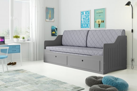 GRANDE Divvietīga bērnu gulta ar diviem matračiem 200x80/160cm,grafīts