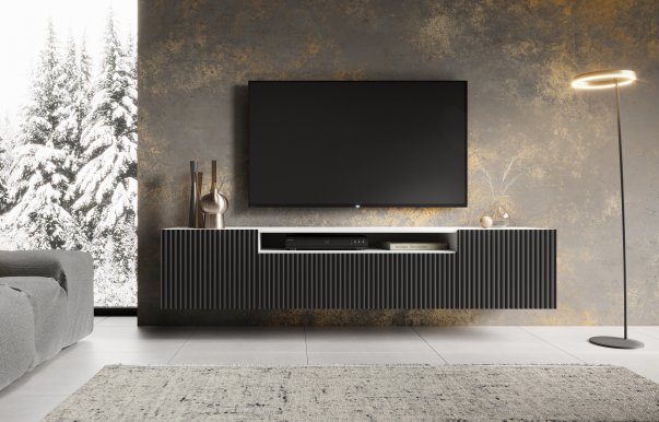 NOE WB RTV 200 cm TV sienas skapis,Balts matēts/Melns matēts