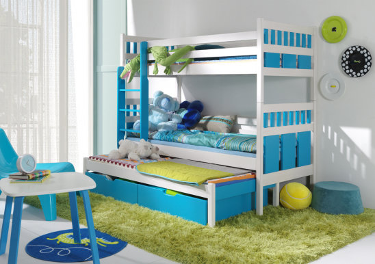 MAKSYMILIAN Triple bunk bed with mattress White/turquoise