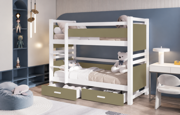 Jony 80x180 Divstāvu gulta ar 2 matračiem un 2 atvilktnēm Balts/Eucalyptus